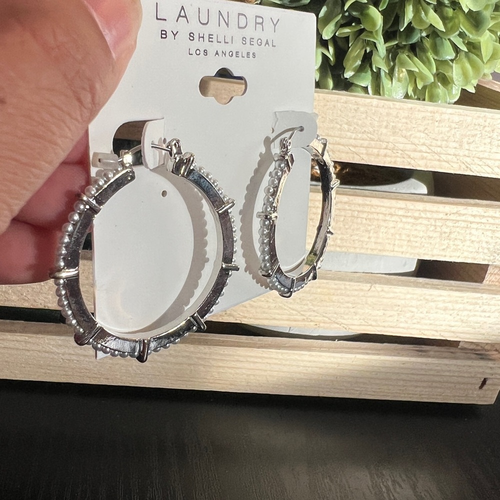 Laundry by Shelli Segal Silver Faux Pearls Hoop Earrings - Picture 3 of 5